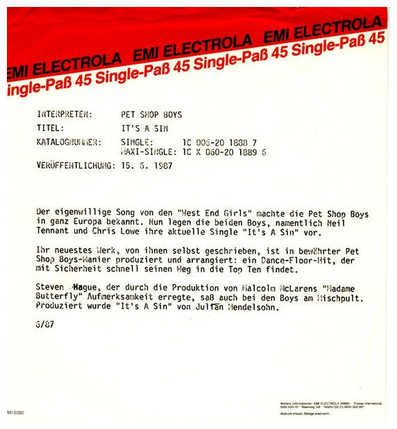 PET SHOP BOYS - IT S A SIN | 7" SINGLE USADO