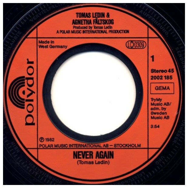 TOMAS LEDIN & AGNETHA FALTSKOG - NEVER AGAIN | 7" SINGLE USADO