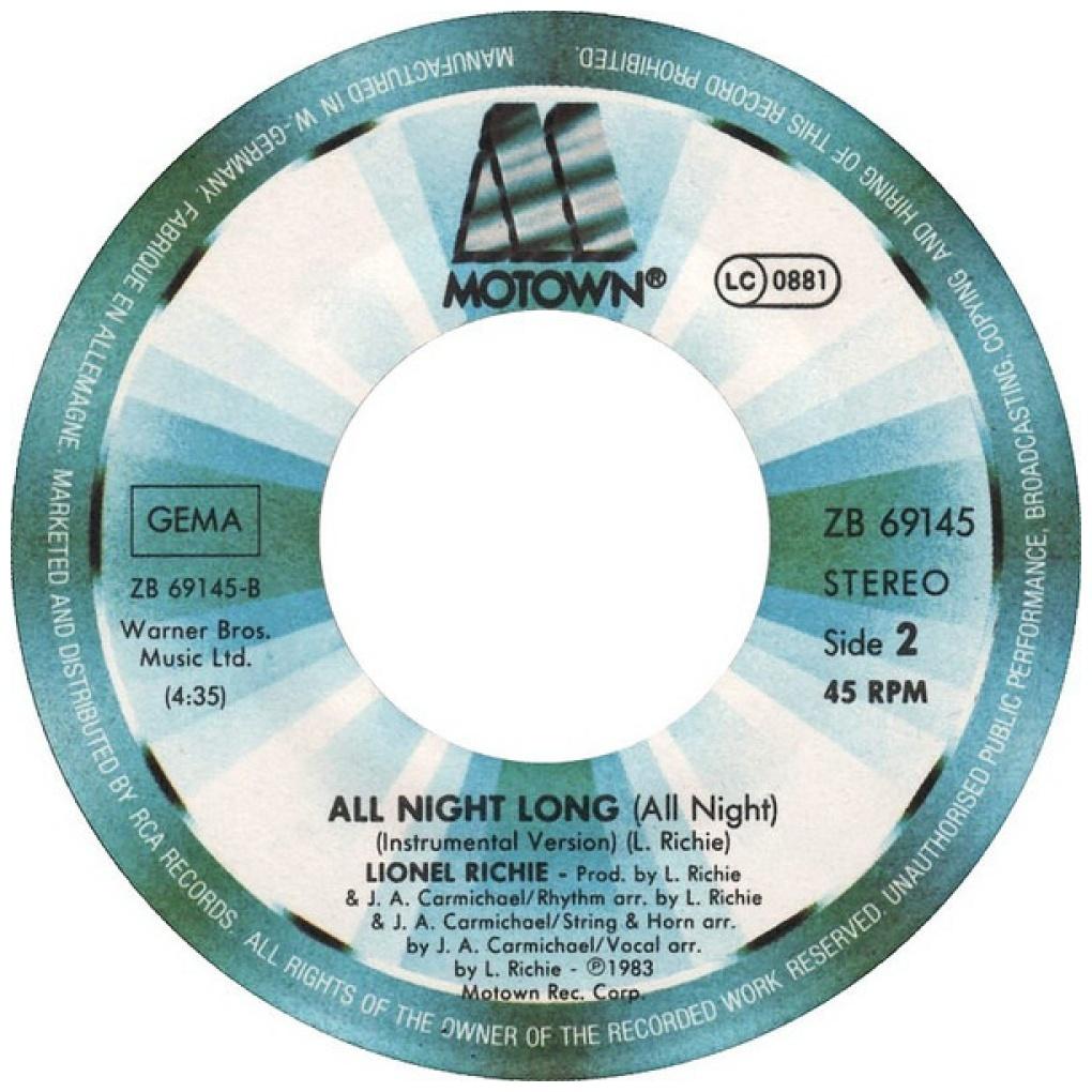 LIONEL RICHIE - HELLO/ALL NIGHT LONG (ALL NIGHT) INSTRUMENTAL VERSION | 7" SINGLE USADO