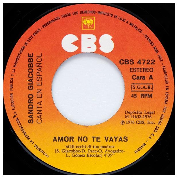 SANDRO GIACOBBE - AMOR NO TE VAYAS(EN ESPANOL) | 7 SINGLE VINILO USADO