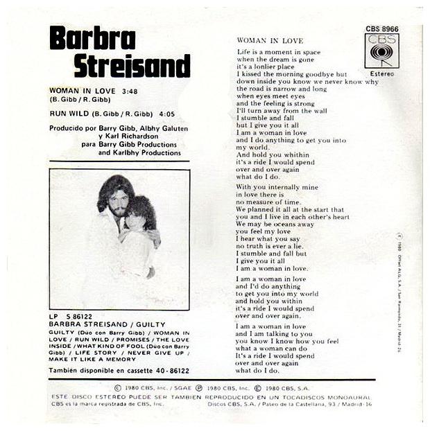 BARBRA STREISAND - WOMAN IN LOVE | 7" SINGLE VINILO USADO