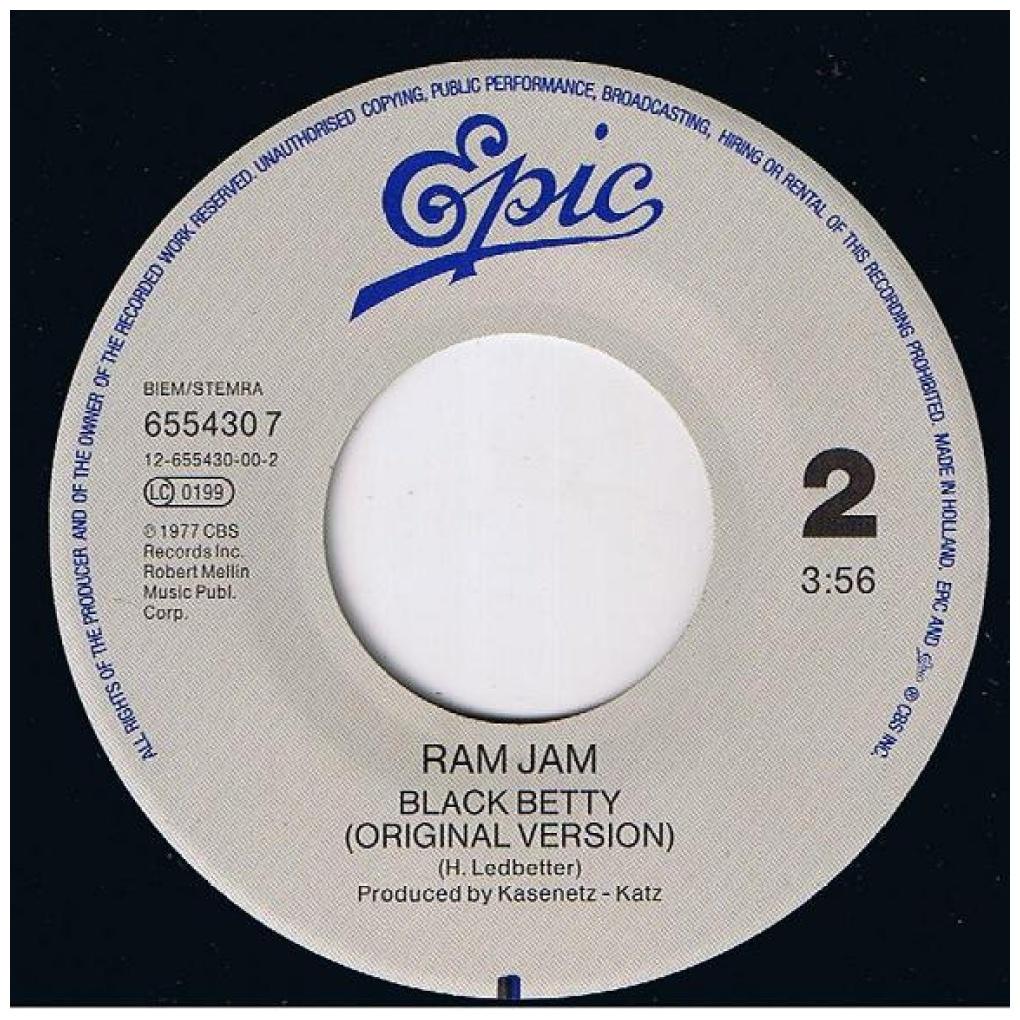 RAM JAM - BLACK BETTY (REMIXÓRIGINAL VERSION) | 7" SINGLE USADO