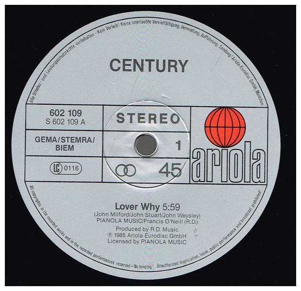 CENTURY - LOVER WHY | 12" MAXI SINGLE USADO
