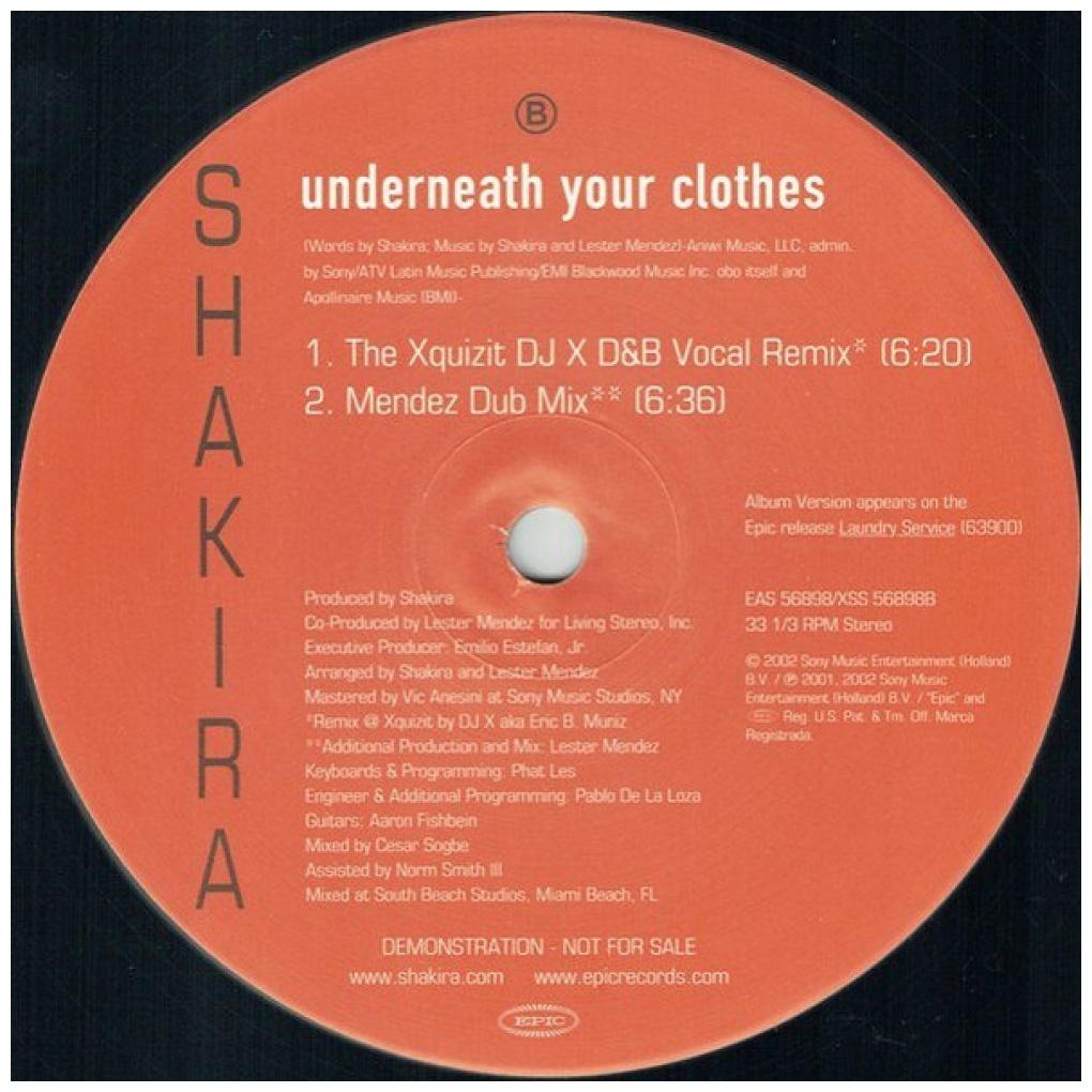 SHAKIRA - UNDERNEATH YOUR CLOTHES (MENDEZ CLUB MIX) (PROMO COPY) | 12'' MAXI SINGLE USADO