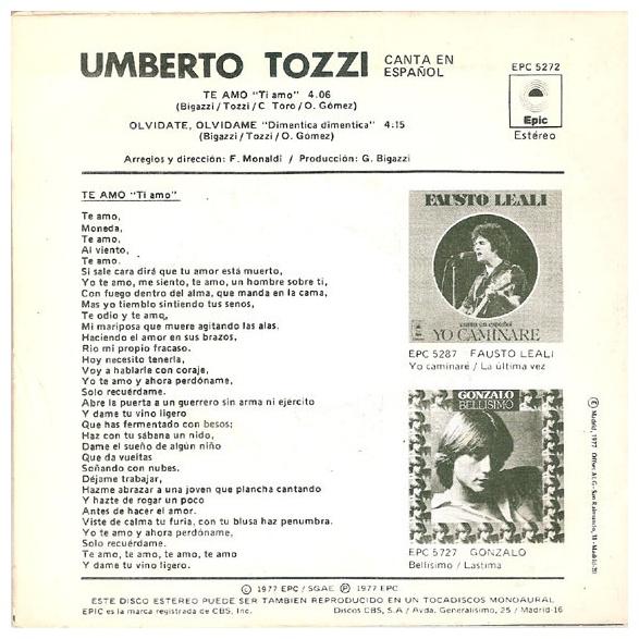 UMBERTO TOZZI - TE AMO (EN ESPANOL) | 7 SINGLE VINILO USADO