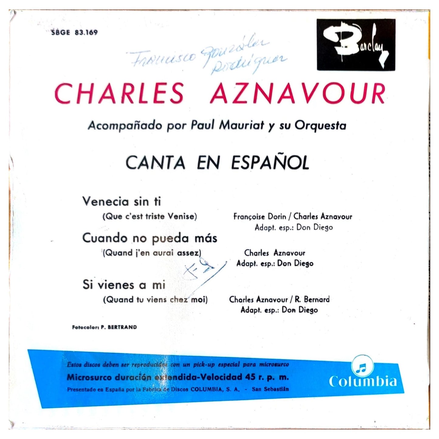 CHARLES AZNAVOUR - VENECIA SIN TI (EN ESPANOL) | 7 SINGLE VINILO USADO