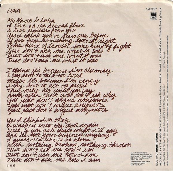SUZANNE VEGA - LUKA | 7" SINGLE VINILO USADO