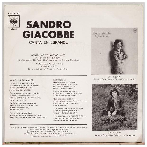 SANDRO GIACOBBE - AMOR NO TE VAYAS(EN ESPANOL) | 7 SINGLE VINILO USADO