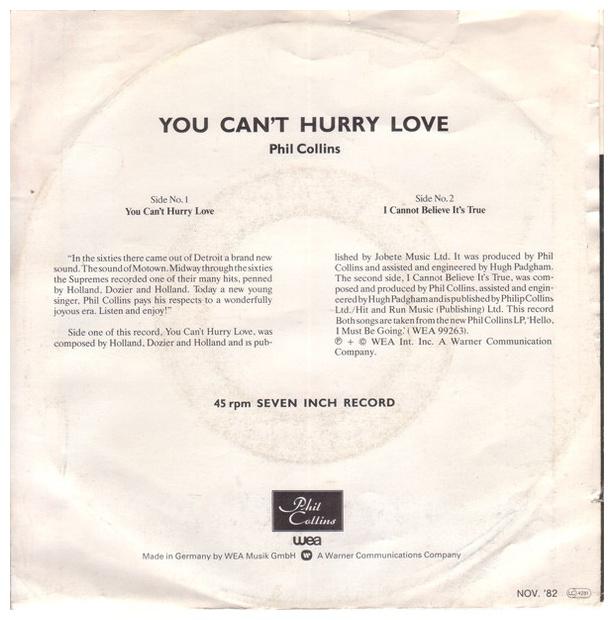 PHIL COLLINS - YOU CANT HURRY LOVE/I CANNOT BELIEVE ITS TRUE | 7 SINGLE VINILO USADO