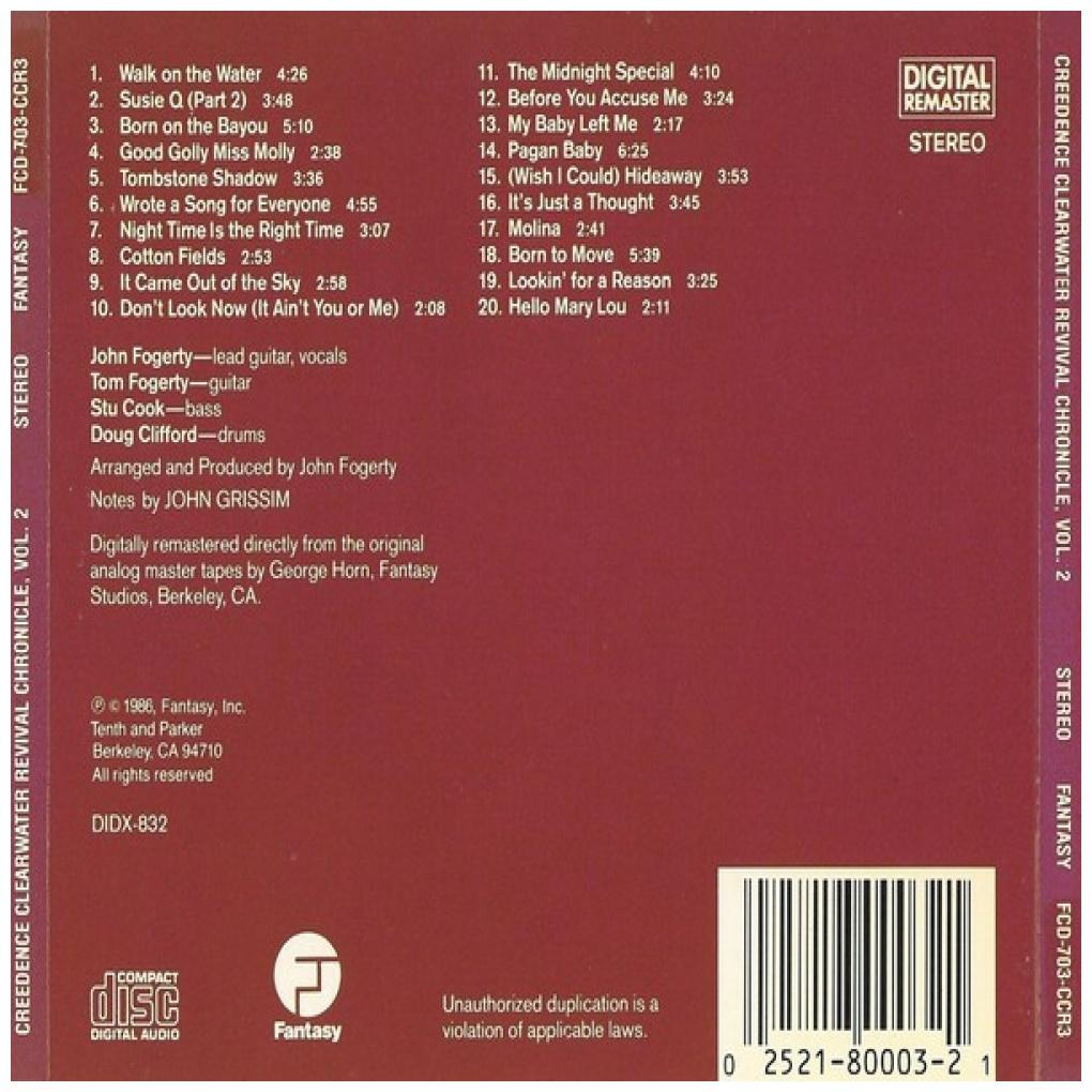 CREEDENCE CLEARWATER REVIVAL - CHRONICLE: 20 GREATEST HITS VOL. 2" | CD