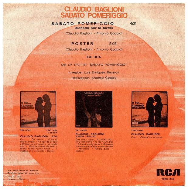 CLAUDIO BAGLIONI - SABATO POMERIGGIO | 7" SINGLE VINILO USADO