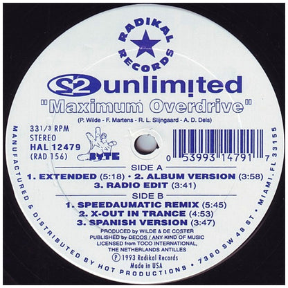 2 UNLIMITED - MAXIMUM OVERDRIVE | 12" MAXI SINGLE VINILO USADO
