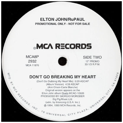 ELTON JOHN/RuPAUL - DON'T GO BREAKING MY HEART (PROMO COPY) | 12" MAXI SINGLE VINILO USADO