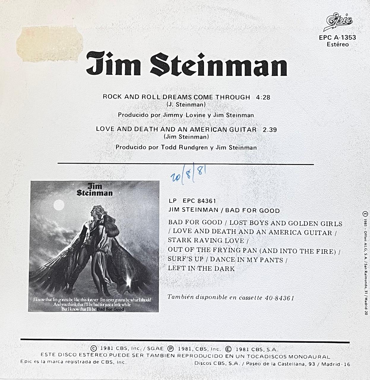 JIM STEINMAN - ROCK AND ROLL DREAMS COME THROUGH | 7" SINGLE USADO