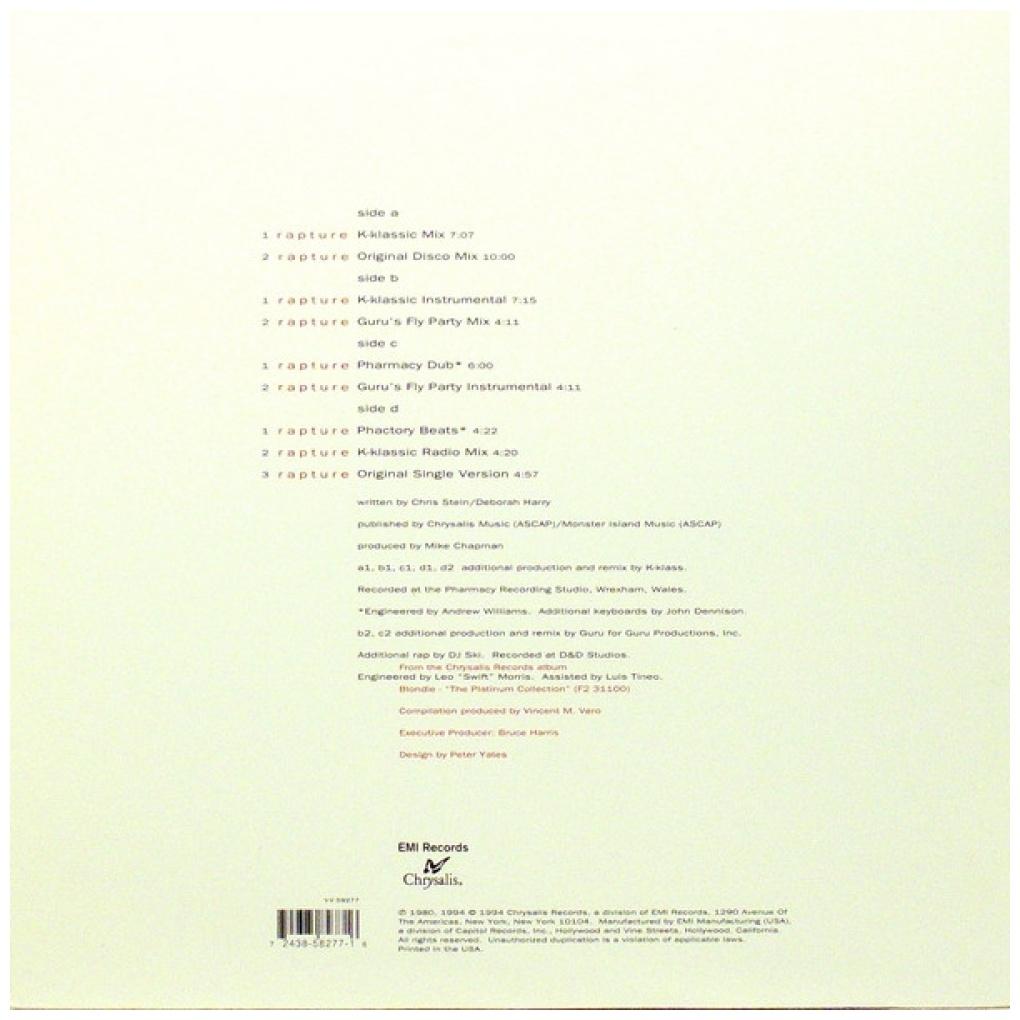 BLONDIE - RAPTURE (ORIGINAL + 90'S REMIXES) (2LP) | 12'' MAXI SINGLE USADO