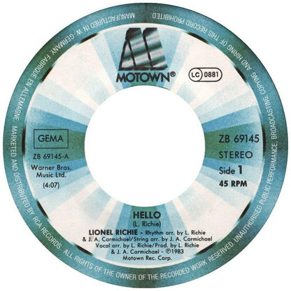 LIONEL RICHIE - HELLO/ALL NIGHT LONG (ALL NIGHT) INSTRUMENTAL VERSION | 7" SINGLE USADO