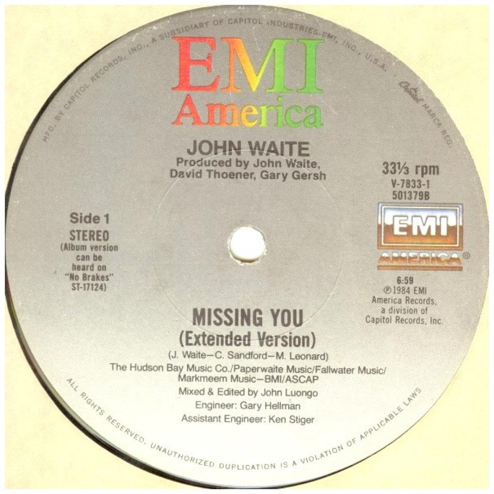 JOHN WAITE - MISSING YOU (PROMO COPY) | 12'' MAXI SINGLE USADO