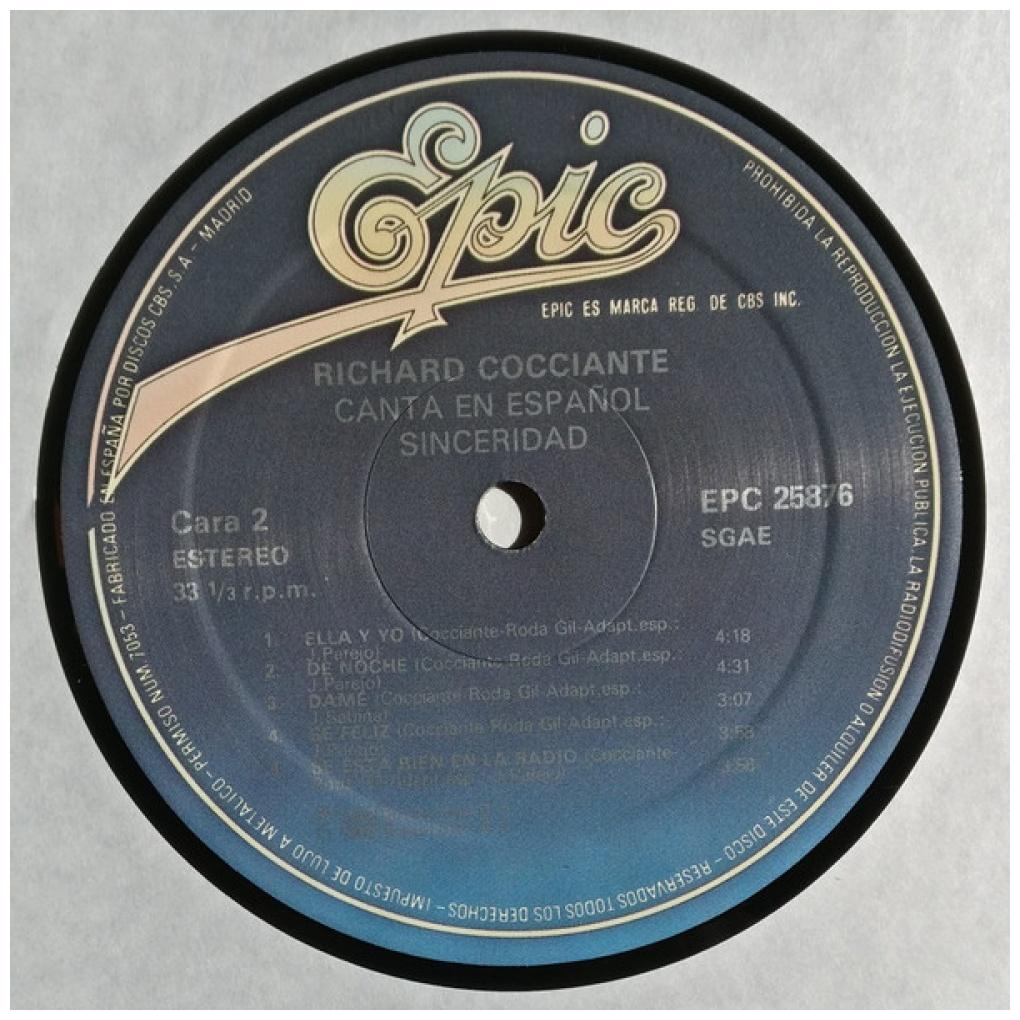 RICARDO COCCIANTE - SINCERIDAD (PROMO COPY) | VINILO USADO