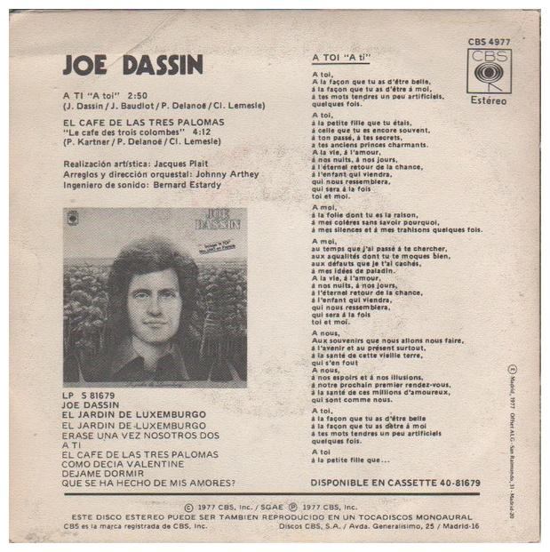 JOE DASSIN - A TOI | 7" SINGLE VINILO USADO