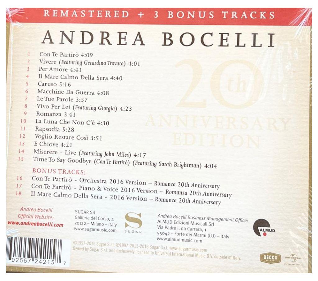 ANDREA BOCELLI  - ROMANZA (BONUS TRACK)(REMASTERED) | CD