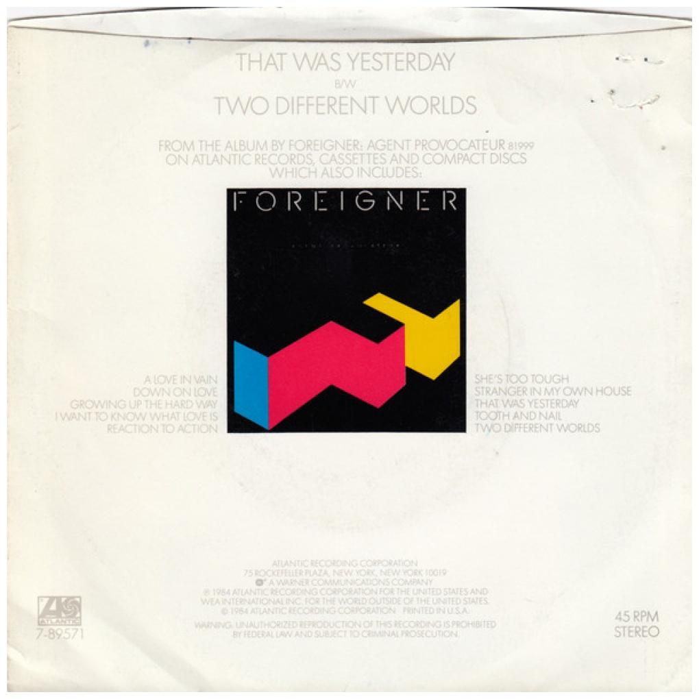 FOREIGNER - THAT'S WAS YESTERDAY | 7" SINGLE USADO