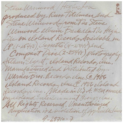 STEVE WINWOOD - HIGHER LOVE | 7" SINGLE USADO