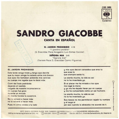 SANDRO GIACOBBE - EL JARDIN PROHIBIDO (EN ESPAÑOL/ITALIANO) (PROMO COPY) | 7" SINGLE USADO
