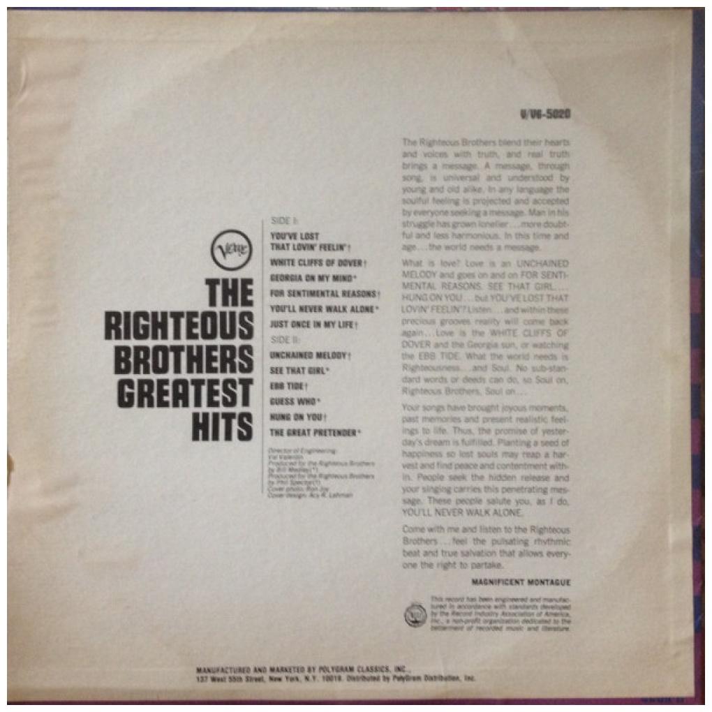 RIGHTEOUS BROTHERS - GREATEST HITS | VINILO USADO