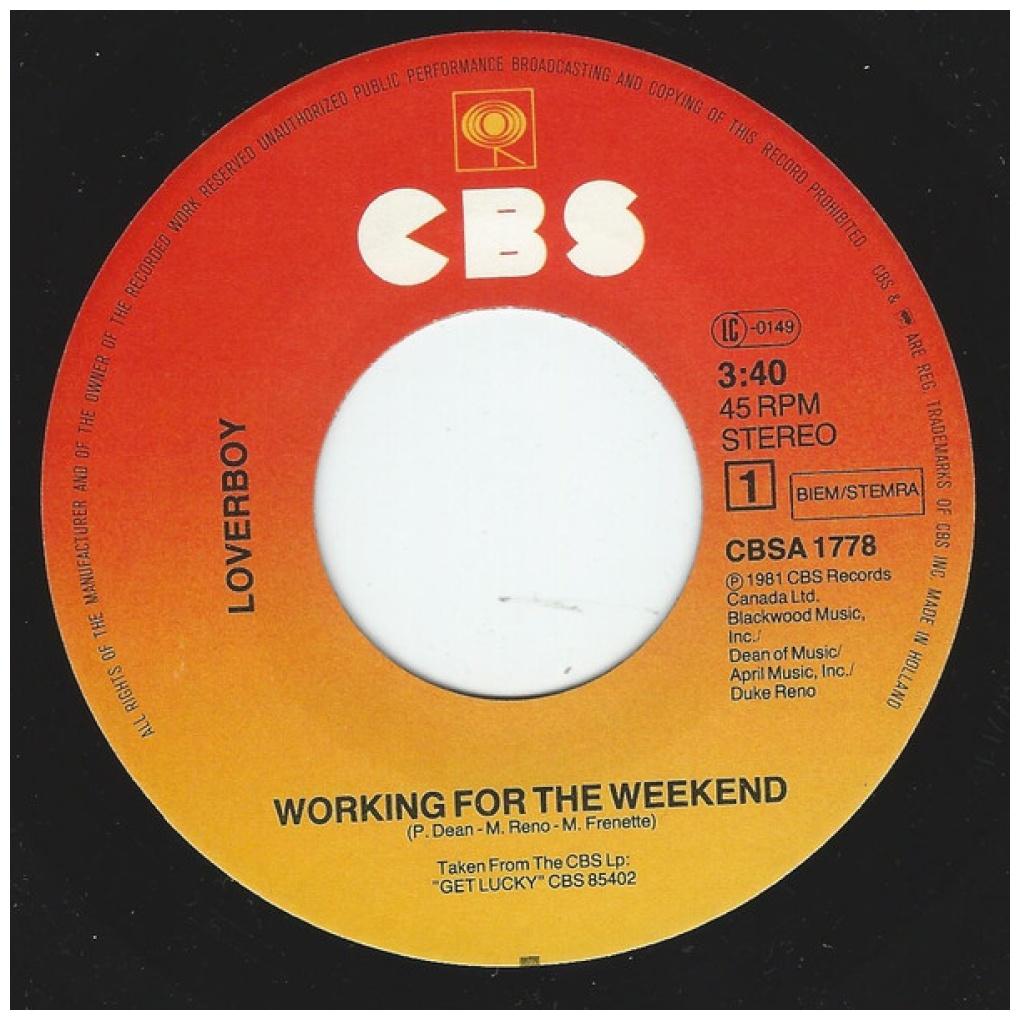 LOVERBOY - WORKING FOR THE WEEKEND | 7" SINGLE USADO