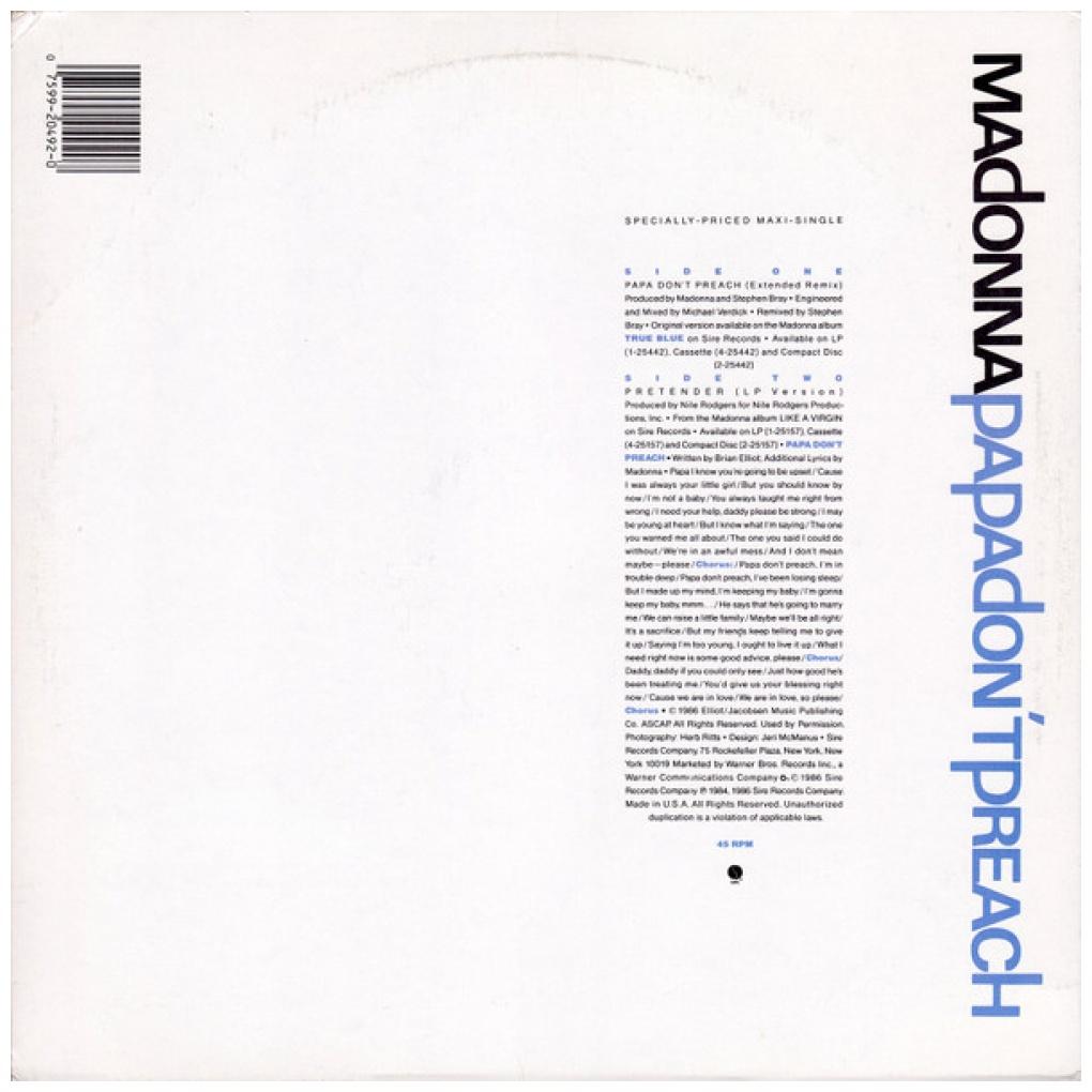 MADONNA - PAPA DON'T PREACH | 12'' MAXI SINGLE USADO