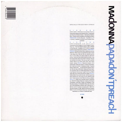 MADONNA - PAPA DON'T PREACH | 12'' MAXI SINGLE USADO