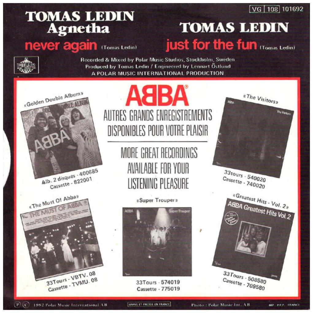 TOMAS LEDIN & AGNETHA - NEVER AGAIN | 7" SINGLE USADO