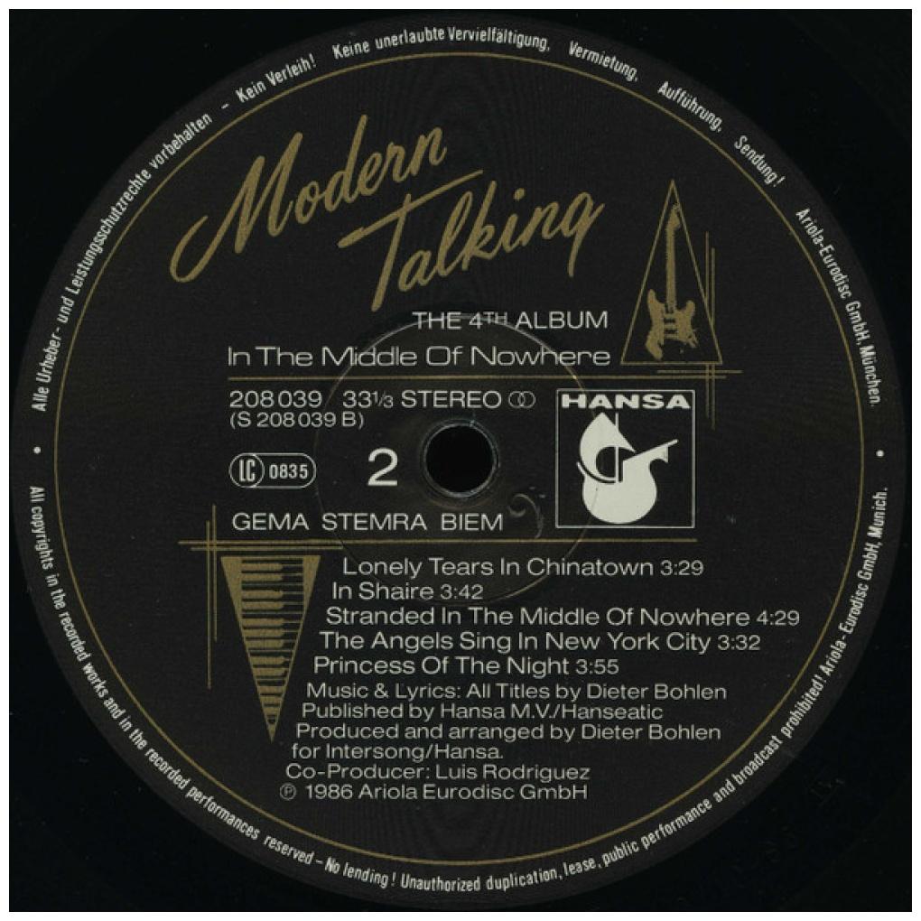 MODERN TALKING - IN THE MIDDLE OF NOWHERE - THE 4TH ALBUM | VINILO USADO