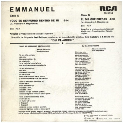 EMMANUEL - TODO SE DERRUMBO DENTRO DE MI/EL DIA QUE PUEDAS (PROMO COPY) | 7" SINGLE USADO