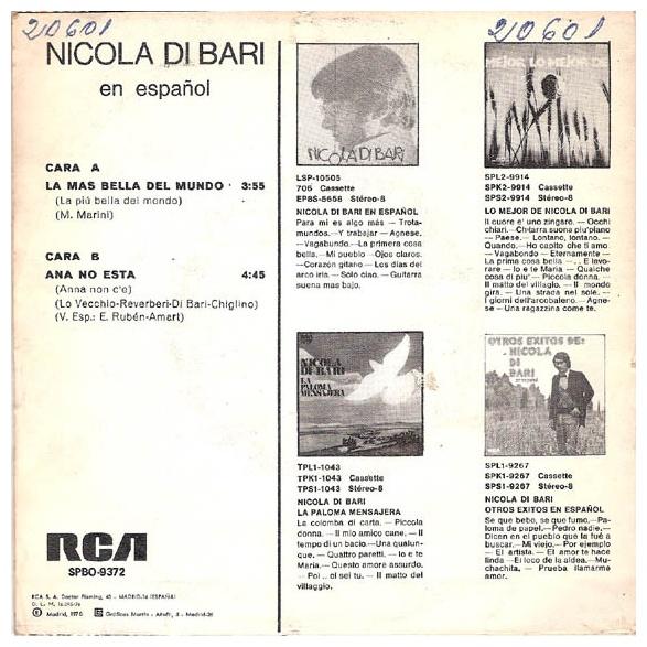 NICOLA DI BARI - LA MAS BELLA DEL MUNDO (EN ESPANOL) | 7" SINGLE VINILO USADO