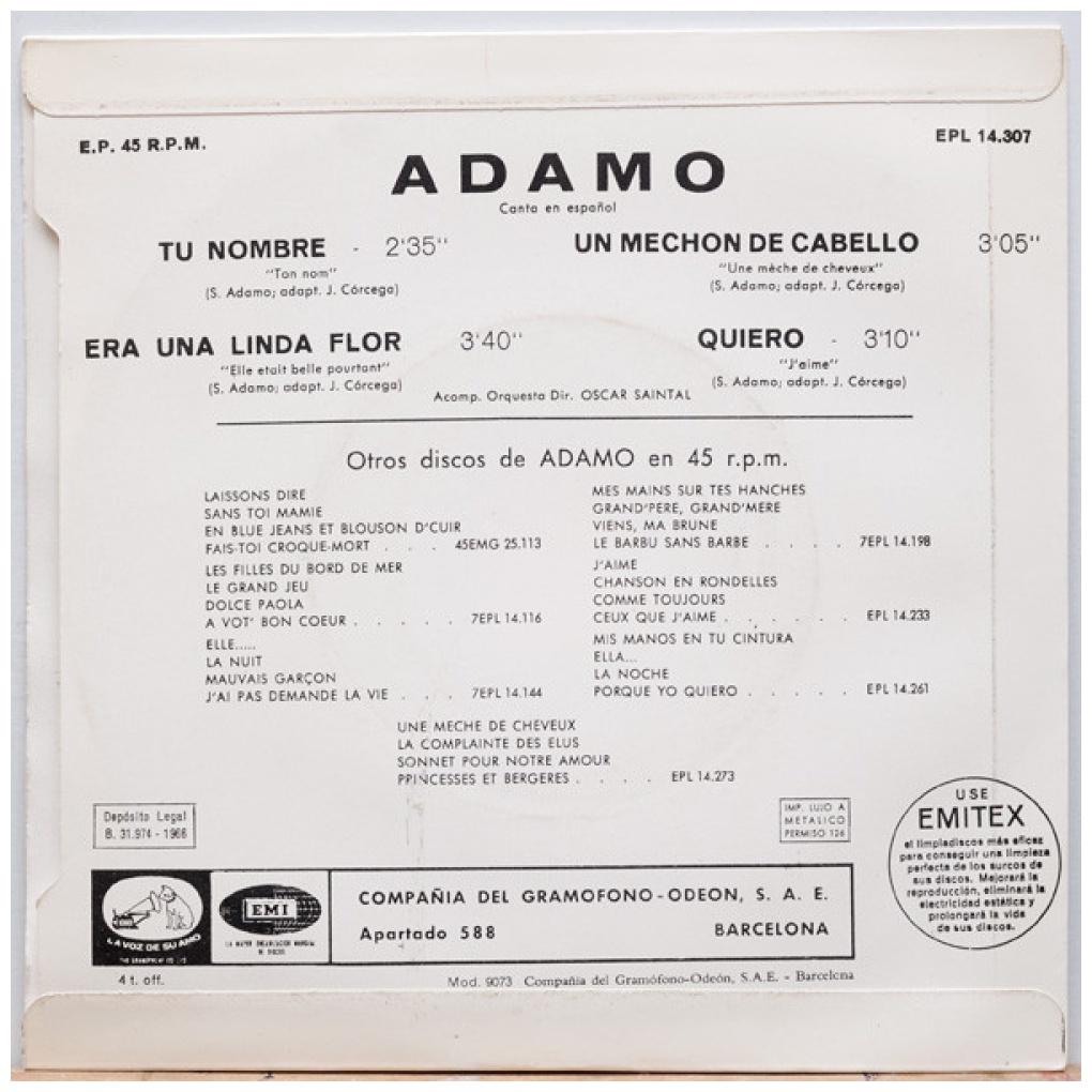 ADAMO - TU NOMBRE/UN MECHON EN RU CABELLO/ERA UNA LINDA FLOR | 7" SINGLE USADO