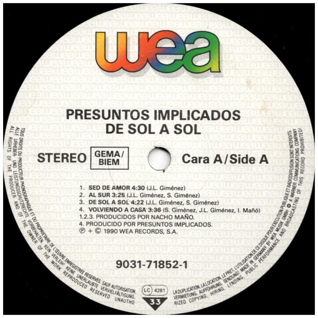 PRESUNTOS IMPLICADOS - DE SOL A SOL | VINILO USADO