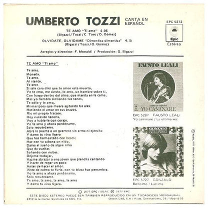 UMBERTO TOZZI - TE AMO (EN ESPANOL) | 7 SINGLE VINILO USADO