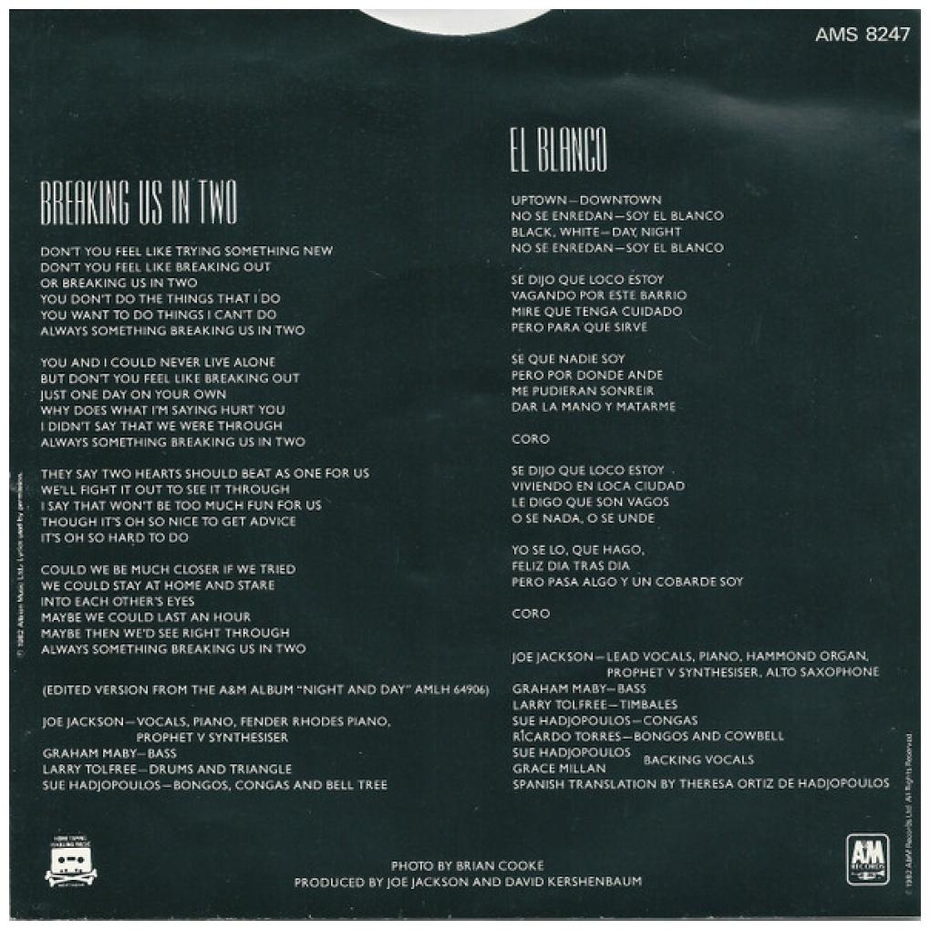 JOE JACKSON - BREAKING US IN TWO | 7" SINGLE USADO