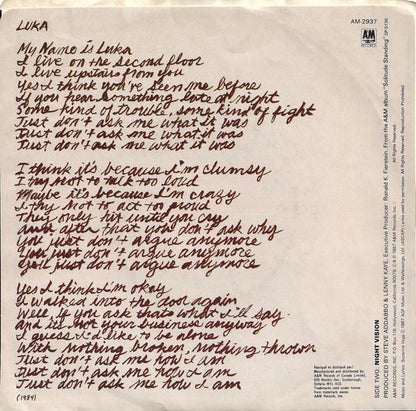 SUZANNE VEGA - LUKA | 7" SINGLE VINILO USADO