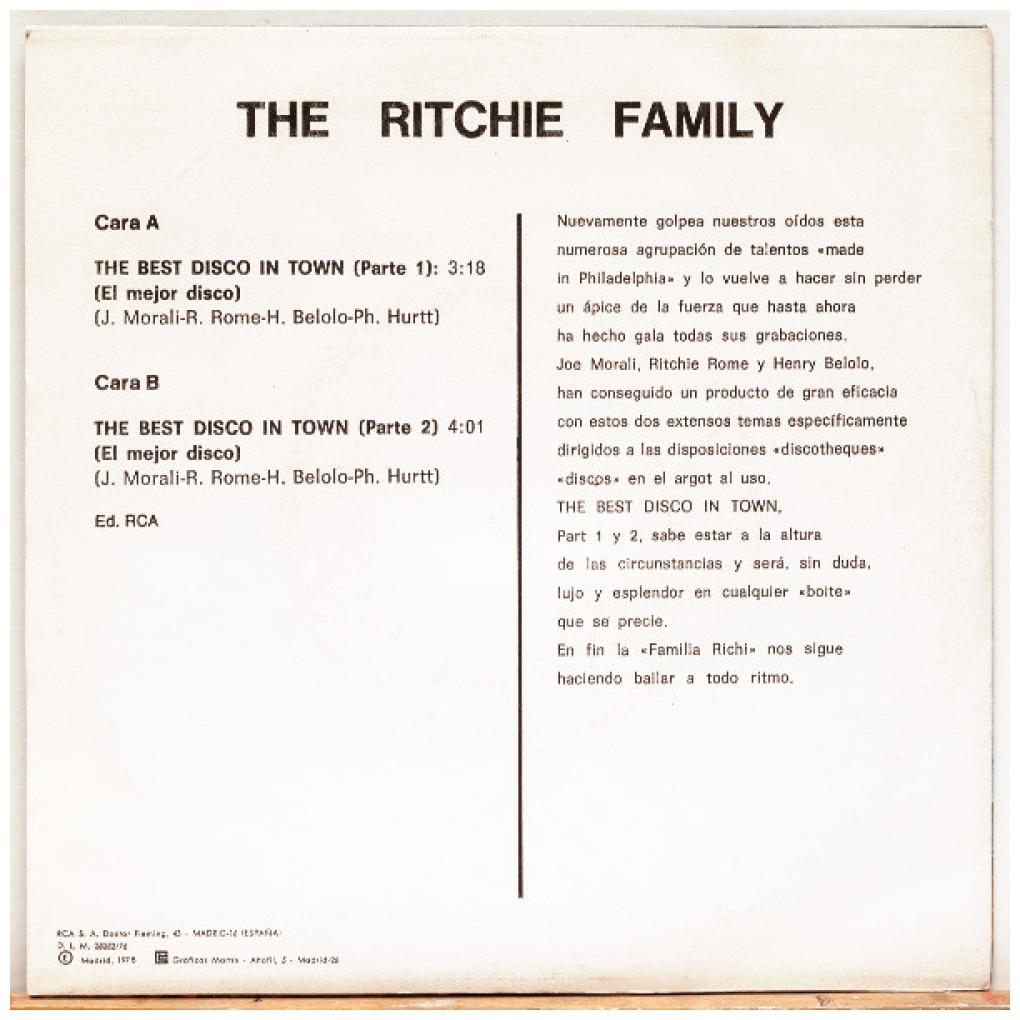 THE RITCHIE FAMILY - THE BEST DISCO IN TOWN | 7" SINGLE USADO
