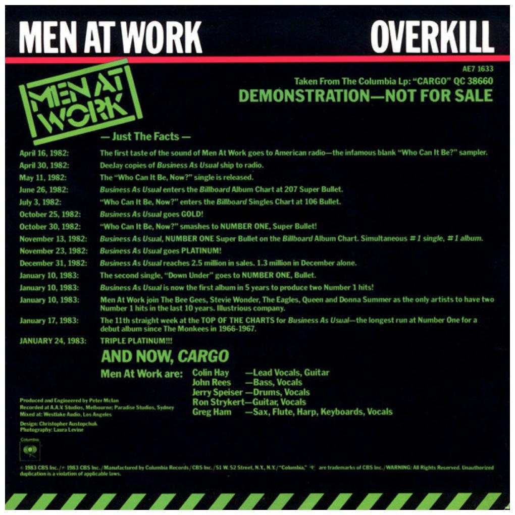 MEN AT WORK - OVERKILL | 7" SINGLE USADO