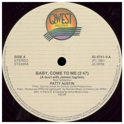 PATTI AUSTIN FT. JAMES INGRAM - BABY, COME TO ME | 12" MAXI SINGLE USADO