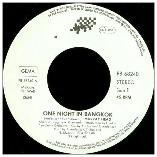 MURRAY HEAD - ONE NIGHT IN BANGKOK | 7" SINGLE VINILO USADO