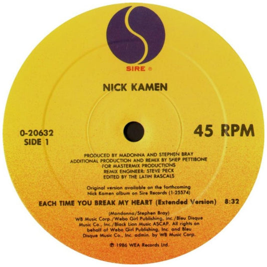 NIK KAMEN - EACH TIME YOU BREAK MY HEART | 12'' MAXI SINGLE USADO