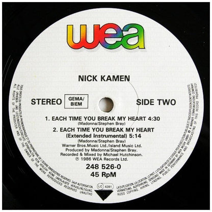 NIK KAMEN - EACH TIME YOU BREAK MY HEART | 12'' MAXI SINGLE USADO